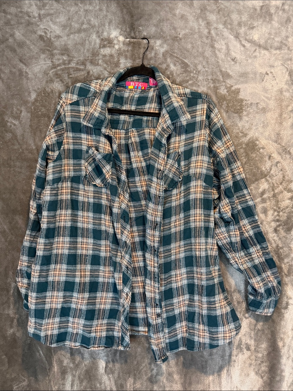 TC Teal and Cream Plaid Button-Front Shirt Jacket